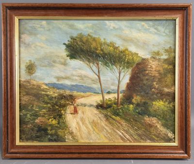 an oil painting of a dirt road with trees and a person walking down it