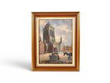 an image of a painting of a street scene with a church in the background
