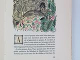 an open book with a drawing of a man and a woman in a garden