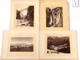 quatre vieilles photographies en noir et blanc représentant des montagnes et un pont