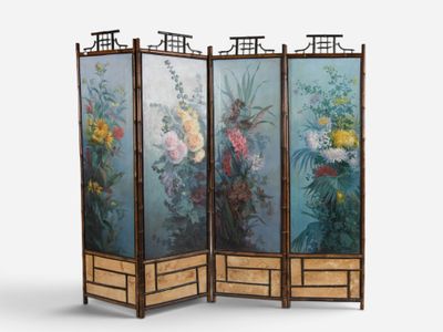 three panel screen with a painting of flowers on a blue background