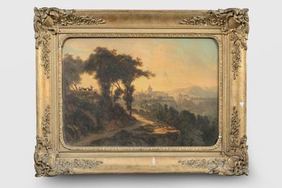 un vieux tableau représentant un paysage avec des arbres et une route