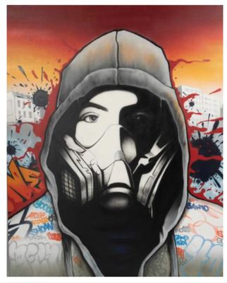 tableau représentant un homme portant un masque à gaz, avec des graffitis sur le mur