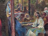 painting of a group of people sitting on a bench in a park