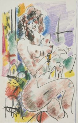 dessin représentant une femme nue assise sur une chaise, une montre à la main