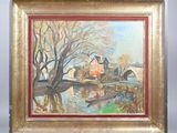 une peinture à l'huile représentant une scène fluviale avec une maison et un bateau