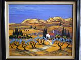 painting of a landscape with a house and olive trees in the foreground