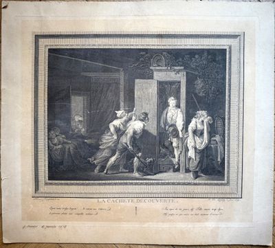 a black and white drawing of a group of people in a room