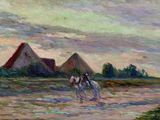 a painting of two people riding horses in a field