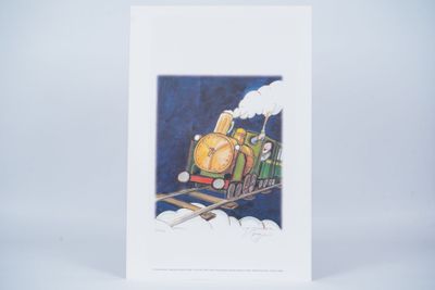 a drawing of a train on the tracks with a sky background