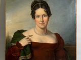 portrait of a woman in a red dress with a green shawl