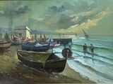 painting of a beach scene with boats and people on the shore