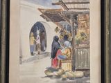 aquarelle encadrée représentant une scène de rue avec une femme vendant des marchandises