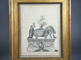 a framed drawing of a statue of an angel and a bird