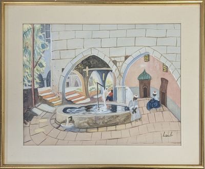 un tableau représentant une cour avec une fontaine