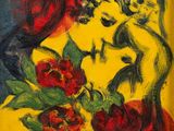 un tableau représentant une femme avec des fleurs dans un vase