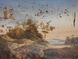 many birds flying over a painting of a landscape