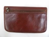 leather wallet with zipper on top of it sitting on a white surface