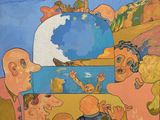 a painting of a group of people with a globe in the background
