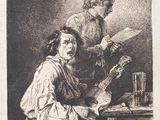 un vieux dessin en noir et blanc représentant un homme et une femme assis à une table
