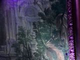 painting on the wall of a room with a purple light