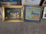 three framed pictures of fruit and a bowl of fruit