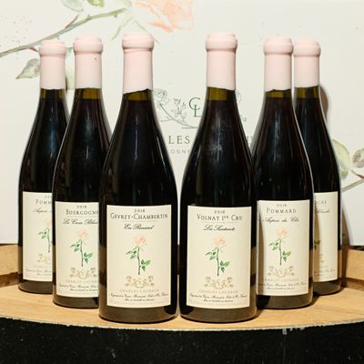 six bottles of wine are lined up on a wooden tray