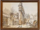 an image of a painting of ruins and people in a courtyard
