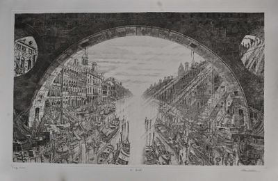 dessin représentant une vue d'une ville avec un pont enjambant une rivière