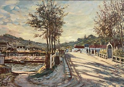 une peinture représentant une peinture d'un pont enjambant une rivière