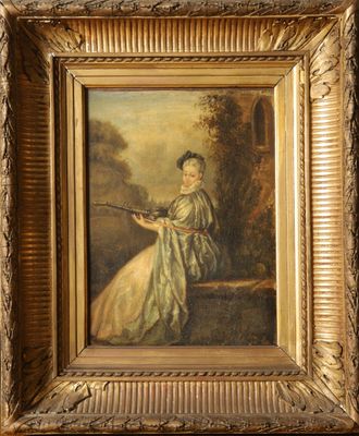 a painting of a woman in a white dress sitting on a bench