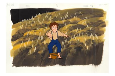 painting of a man standing on a hill with a bucket in his hand