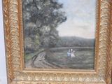 a picture of a painting of a couple walking down the road