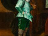 painting of a man in a green coat and hat standing in a room