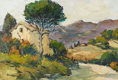 une peinture à l'huile représentant un chemin de terre avec des arbres et des montagnes en arrière-plan