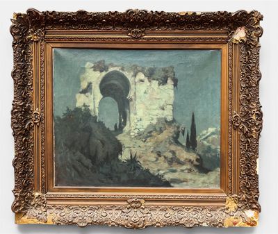 an image of a painting on a wall with a painting of a castle in the background
