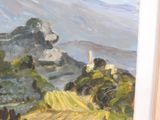 a painting of a landscape with a mountain in the background