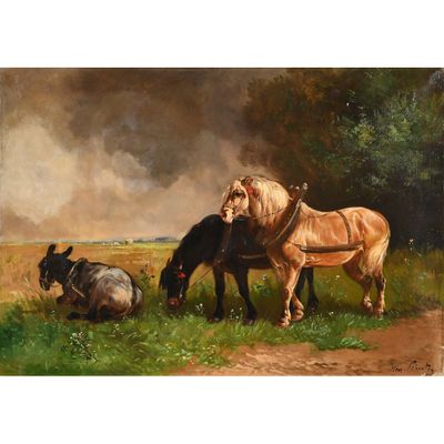 tableau représentant deux chevaux et une vache dans un champ au bord d'un ruisseau