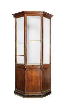 an old wooden display case with glass doors on a white background