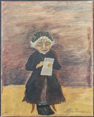 une peinture à l'huile représentant une femme assise dans un fauteuil en train de lire un livre