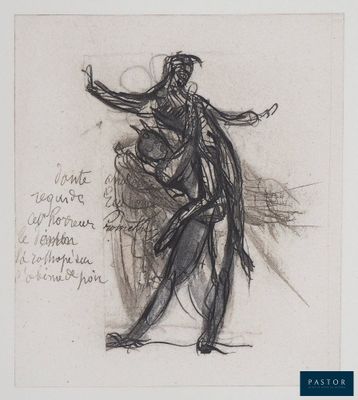 un dessin représentant un homme vêtu d'un manteau noir et d'un chapeau