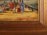 a painting of a group of people sitting on a beach