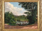 a painting of a landscape with a river and trees