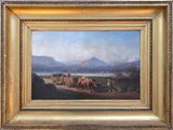 peinture représentant un paysage avec du bétail et un homme sur une charrette tirée par des chevaux