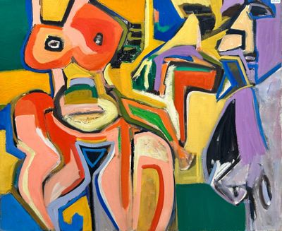 abstract painting of a man and a woman sitting on a couch