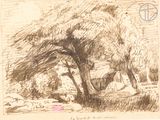 un dessin représentant un arbre au milieu d'un champ