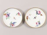 two plates with floral designs and gold rims on them