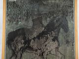 un tableau représentant deux chevaux dans un champ, avec des arbres en arrière-plan