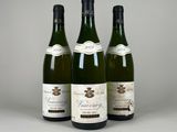 trois bouteilles de vin sont posées sur une table devant un fond gris
