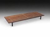 an image of a wooden bench sitting on top of a white floor